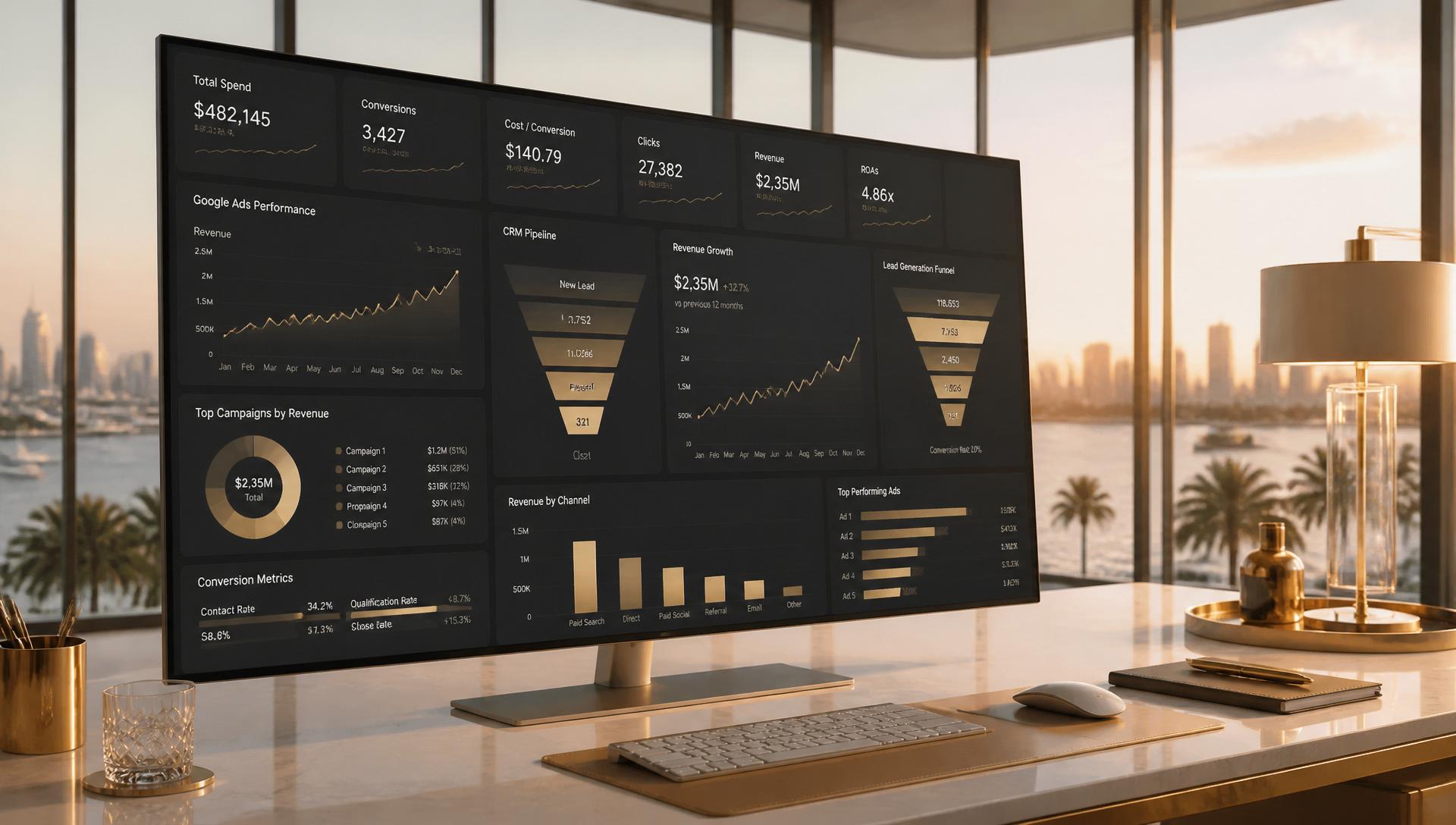 Premium analytics dashboard showing revenue growth, CRM pipeline, and conversion metrics